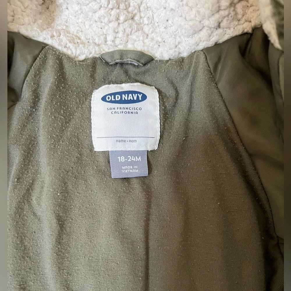 Winter -Sherpa green jacket & grey jersey cotton lined navy blue pants 18 months